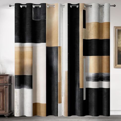 Black and Gold Abstract Blackout Curtain, Boho Modern Oil Painting Art Aesthetic Curtains, Beige Neutral Artistic Grommet Drapes 2 Panels, Farmhouse Bedroom Living Room Decor 52X84 Inch in Saudi Arabia