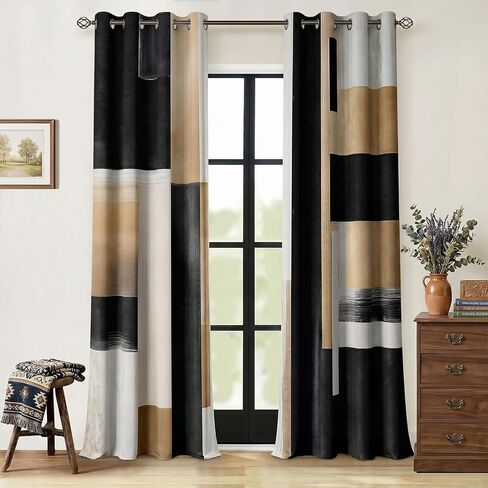 Black and Gold Abstract Blackout Curtain, Boho Modern Oil Painting Art Aesthetic Curtains, Beige Neutral Artistic Grommet Drapes 2 Panels, Farmhouse Bedroom Living Room Decor 52X84 Inch in Saudi Arabia