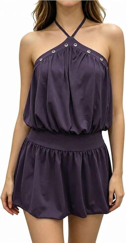 Women’s Halter Mini Dress Bubble Ruffle Sleeveless Backless Drop Waist Metal Eyelet Cute Summer Wedding Guest Dress in Saudi Arabia