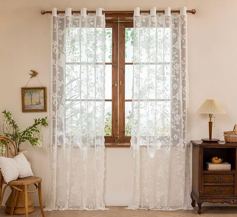Ivory Lace French 63 Inches Long-Romantic Branch and Flowers Vintage Curtains for Bedroom Living Room，calloped Rose Lace Floral Sheer Curtains，Grommet Top 2 Panels，52 x 63 Inch in Kuwait