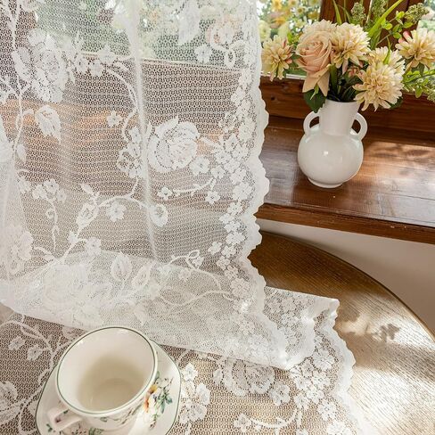 Ivory Lace French 63 Inches Long-Romantic Branch and Flowers Vintage Curtains for Bedroom Living Room，calloped Rose Lace Floral Sheer Curtains，Grommet Top 2 Panels，52 x 63 Inch in Kuwait