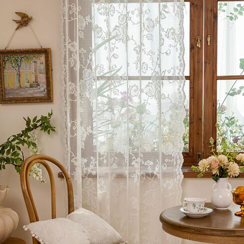 Ivory Lace French 63 Inches Long-Romantic Branch and Flowers Vintage Curtains for Bedroom Living Room，calloped Rose Lace Floral Sheer Curtains，Grommet Top 2 Panels，52 x 63 Inch in Kuwait
