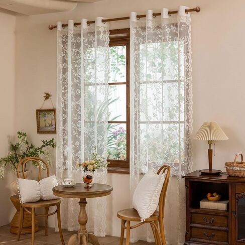 Ivory Lace French 63 Inches Long-Romantic Branch and Flowers Vintage Curtains for Bedroom Living Room，calloped Rose Lace Floral Sheer Curtains，Grommet Top 2 Panels，52 x 63 Inch in Kuwait