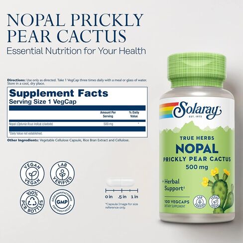 SOLARAY Nopal Prickly Pear Cactus Capsules - 500 mg per Serving, Rich in Naturally Occuring Fiber, Antioxidants, and Carotenoids, Provides Key Nutrients in a Vegan Formula - 100 Count VegCaps in Kuwait