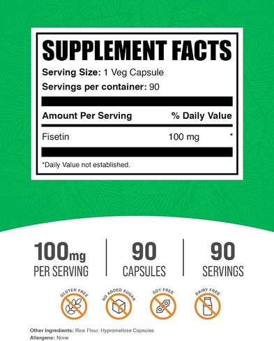 BulkSupplements.com كبسولات Fisetin - Fisetin 100mg، مكمل Fisetin - مصدر مضادات الأكسدة، نباتي وخالي من الغلوتين، كبسولة واحدة لكل وجبة، 90 كبسولة نباتية (عبوة من 1) in Kuwait