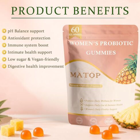 MATOP Women’s Probiotic Pineapple Gummies – Gut Health & Daily Digestive Wellness, Vegan Sugar-Free, 60 Count in Kuwait