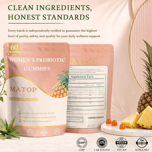 MATOP Women’s Probiotic Pineapple Gummies – Gut Health & Daily Digestive Wellness, Vegan Sugar-Free, 60 Count in Kuwait