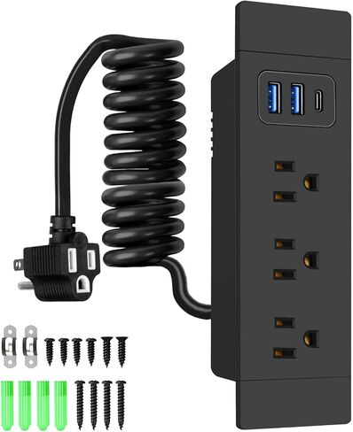 Recessed Furniture Power Strip,Mounted Furniture Drawer Outlet with Outlet Extender - 5FT Power Cord with Spring Cable, UL Listed for Safe & Tidy Drawer Installation(White) in Kuwait