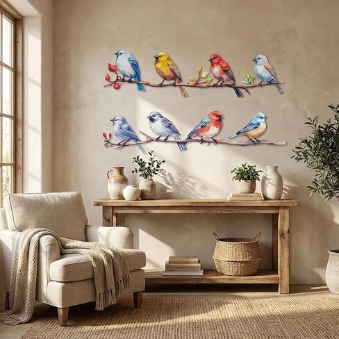 We Moment 2 Pcs Metal Birds Wall Art Decor Vivid Birds on Branch with Leaves Rustic Wall Decor Metal Sculpture Hanging Sign for Home Balcony Garden Indoor Outdoor(Colorful) in Saudi Arabia