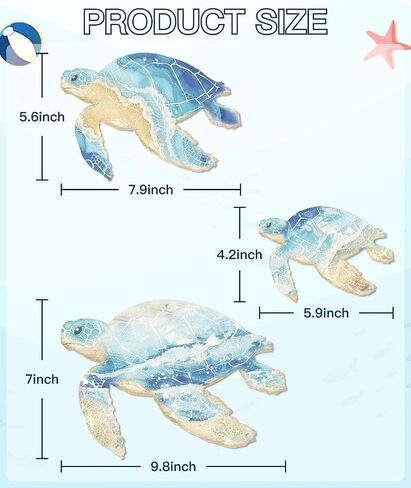 Putuo Decor 3PC ديكور جدار السلحفاة البحرية المعدنية، زخرفة ساحلية على شكل شاطئ لحمام السباحة والمنزل والحمام والحديقة والمنزل الداخلي والخارجي، منحوتات جدارية فنية معلقة على الشاطئ في 3 أحجام (9.8"، 7.8"، 5.9") in Kuwait