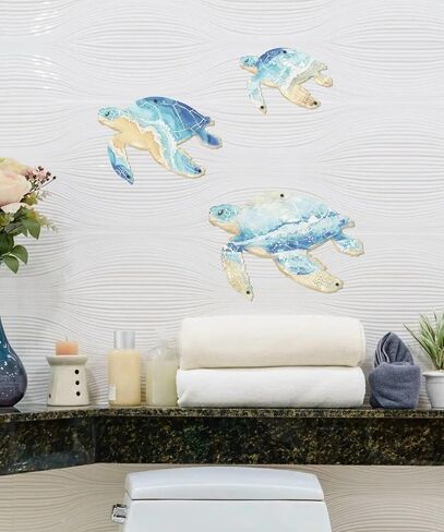 Putuo Decor 3PC ديكور جدار السلحفاة البحرية المعدنية، زخرفة ساحلية على شكل شاطئ لحمام السباحة والمنزل والحمام والحديقة والمنزل الداخلي والخارجي، منحوتات جدارية فنية معلقة على الشاطئ في 3 أحجام (9.8"، 7.8"، 5.9") in Kuwait