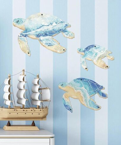 Putuo Decor 3PC ديكور جدار السلحفاة البحرية المعدنية، زخرفة ساحلية على شكل شاطئ لحمام السباحة والمنزل والحمام والحديقة والمنزل الداخلي والخارجي، منحوتات جدارية فنية معلقة على الشاطئ في 3 أحجام (9.8"، 7.8"، 5.9") in Kuwait