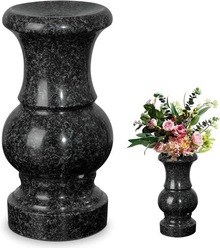 Cemetery Vase, Turned Round Granite Grave Vase Memorial Stone Vases with Draining Hole for Home Tabletop, Cemetery Flowers, Grave Headstone Decorations (1pc, Black) in Kuwait