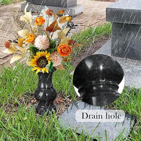 Cemetery Vase, Turned Round Granite Grave Vase Memorial Stone Vases with Draining Hole for Home Tabletop, Cemetery Flowers, Grave Headstone Decorations (1pc, Black) in Kuwait