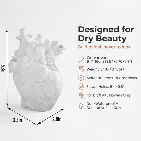 Heart Shape Resin Vase, Gothic Anatomical Flower Vase for Dried Flowers, Glass Vase Alternative, Unique Resin Desktop Decor, Medical Appreciation Gift for Nurse Doctor Home Office Living Room Shelf in Saudi Arabia