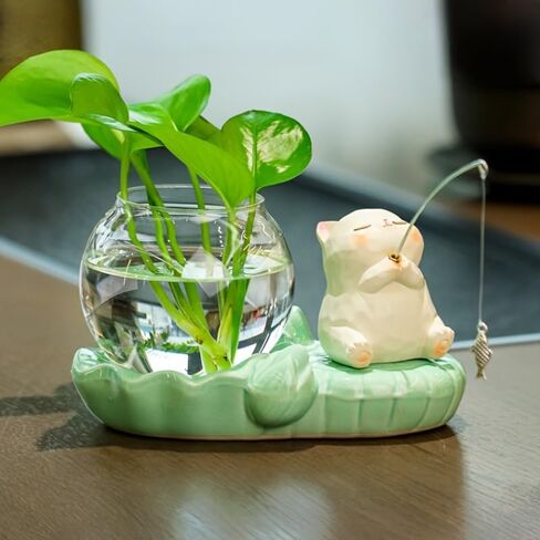 Cute Cat and Frog Hydroponic Planter, Ceramic Animal Fishing Figurine with Glass Water Vase, Healing Office Desk Accessories & Creative Desktop Plant Pot for Home Decor (Frog Fishing) in Kuwait