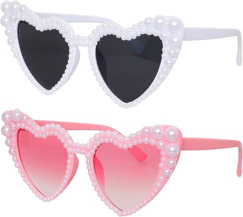 2PCS Heart Shaped Sunglasses for Women Kid Sun Glasses with Faux Pearls UV400 Protection Party Eyewear for Summer Beach in Saudi Arabia