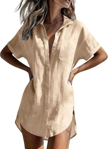 Womens Button Down Shirts Short Sleeve Cotton Dress Shirts Collared Side Split Casual Blouses Tops with Pocket in Kuwait