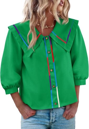 Cicy Bell Womens Button Down Shirts Trendy Casual 3/4 Lantern Sleeve Blouse Square Neck Collared Tops Green in Kuwait