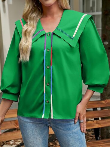 Cicy Bell Womens Button Down Shirts Trendy Casual 3/4 Lantern Sleeve Blouse Square Neck Collared Tops Green in Kuwait