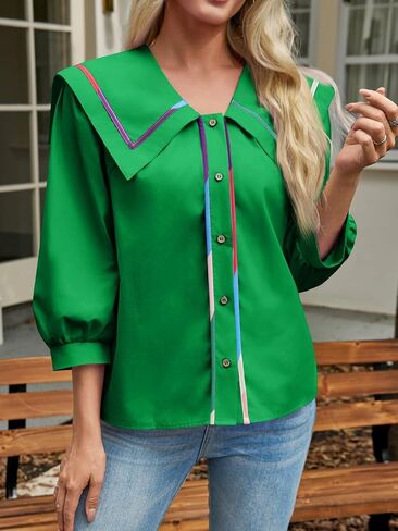 Cicy Bell Womens Button Down Shirts Trendy Casual 3/4 Lantern Sleeve Blouse Square Neck Collared Tops Green in Kuwait