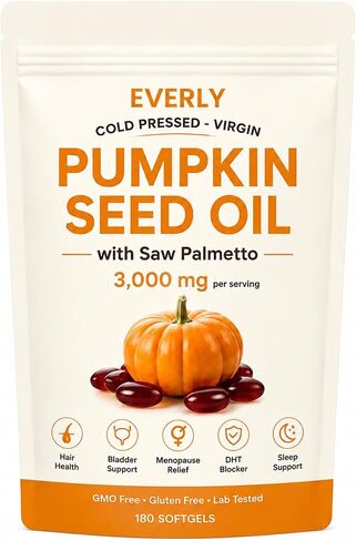 Everly Pumpkin Seed Oil with Saw Palmetto 3000mg per Serving, Cold Pressed Pumpkin Seed Oil Capsules, Essential Fatty Acids, Non-GMO, Gluten-Free in Saudi Arabia