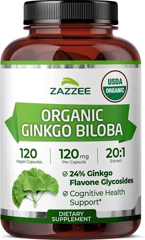 Zazzee USDA Organic Ginkgo Biloba 20:1 Extract, 24% Ginkgo Flavone Glycosides, 120 Vegan Capsules, 4 Month Supply, Memory, Cognitive & Brain Health Support, All-Natural, Non-GMO, Made in the USA in Kuwait