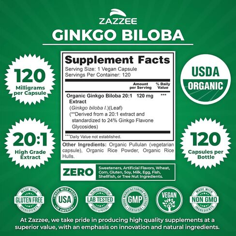 Zazzee USDA Organic Ginkgo Biloba 20:1 Extract, 24% Ginkgo Flavone Glycosides, 120 Vegan Capsules, 4 Month Supply, Memory, Cognitive & Brain Health Support, All-Natural, Non-GMO, Made in the USA in Kuwait