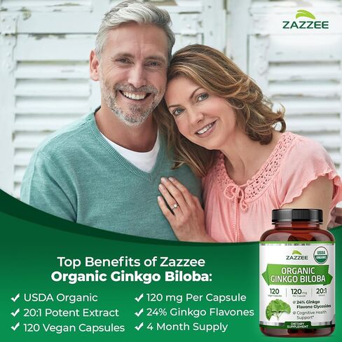 Zazzee USDA Organic Ginkgo Biloba 20:1 Extract, 24% Ginkgo Flavone Glycosides, 120 Vegan Capsules, 4 Month Supply, Memory, Cognitive & Brain Health Support, All-Natural, Non-GMO, Made in the USA in Kuwait