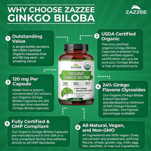 Zazzee USDA Organic Ginkgo Biloba 20:1 Extract, 24% Ginkgo Flavone Glycosides, 120 Vegan Capsules, 4 Month Supply, Memory, Cognitive & Brain Health Support, All-Natural, Non-GMO, Made in the USA in Kuwait