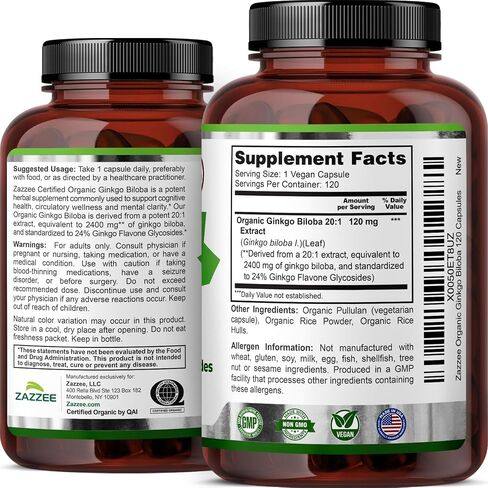 Zazzee USDA Organic Ginkgo Biloba 20:1 Extract, 24% Ginkgo Flavone Glycosides, 120 Vegan Capsules, 4 Month Supply, Memory, Cognitive & Brain Health Support, All-Natural, Non-GMO, Made in the USA in Kuwait