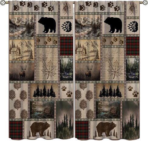Retro Rusticd Bear Blackout Curtains Cabin Country Farmhouse Vintage Lodge Rod Pocket Window Treatments for Girls Boy Bedroom Living Room Kitchen Drapes 42x45 Inch in Kuwait