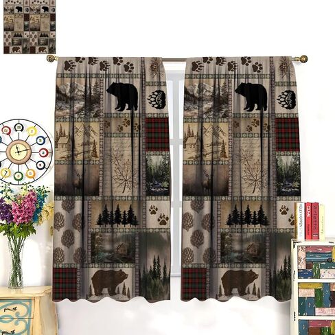 Retro Rusticd Bear Blackout Curtains Cabin Country Farmhouse Vintage Lodge Rod Pocket Window Treatments for Girls Boy Bedroom Living Room Kitchen Drapes 42x45 Inch in Kuwait