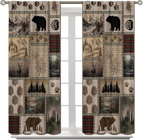 Retro Rusticd Bear Blackout Curtains Cabin Country Farmhouse Vintage Lodge Rod Pocket Window Treatments for Girls Boy Bedroom Living Room Kitchen Drapes 42x45 Inch in Kuwait