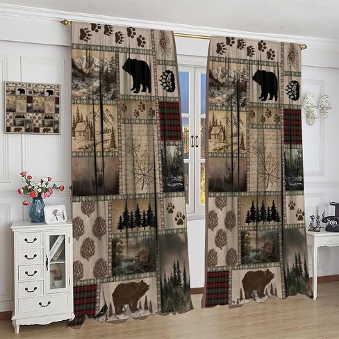 Retro Rusticd Bear Blackout Curtains Cabin Country Farmhouse Vintage Lodge Rod Pocket Window Treatments for Girls Boy Bedroom Living Room Kitchen Drapes 42x45 Inch in Kuwait