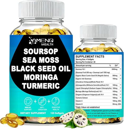 Soursop Supplement Softgels, Extra Strength Soursop leaves & Fruits with Black Seed, Irish Moss & Moringa for Immune & Antioxidant Support, 10-in-1 Herbal Sour sop Capsules丨Vegan, Non-GMO, 120 Counts in Saudi Arabia
