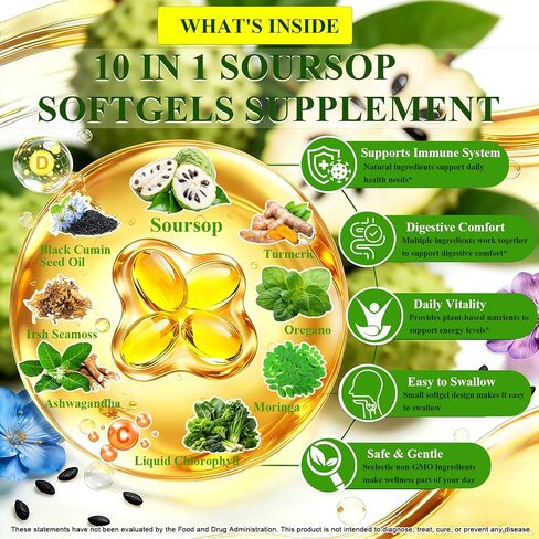 Soursop Supplement Softgels, Extra Strength Soursop leaves & Fruits with Black Seed, Irish Moss & Moringa for Immune & Antioxidant Support, 10-in-1 Herbal Sour sop Capsules丨Vegan, Non-GMO, 120 Counts in Saudi Arabia