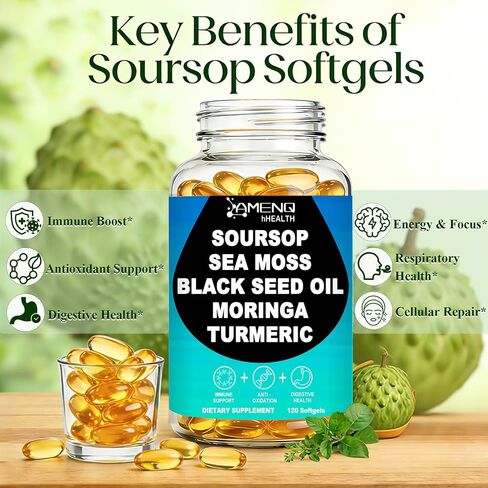 Soursop Supplement Softgels, Extra Strength Soursop leaves & Fruits with Black Seed, Irish Moss & Moringa for Immune & Antioxidant Support, 10-in-1 Herbal Sour sop Capsules丨Vegan, Non-GMO, 120 Counts in Saudi Arabia