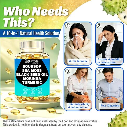 Soursop Supplement Softgels, Extra Strength Soursop leaves & Fruits with Black Seed, Irish Moss & Moringa for Immune & Antioxidant Support, 10-in-1 Herbal Sour sop Capsules丨Vegan, Non-GMO, 120 Counts in Saudi Arabia