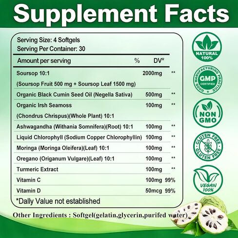 Soursop Supplement Softgels, Extra Strength Soursop leaves & Fruits with Black Seed, Irish Moss & Moringa for Immune & Antioxidant Support, 10-in-1 Herbal Sour sop Capsules丨Vegan, Non-GMO, 120 Counts in Saudi Arabia