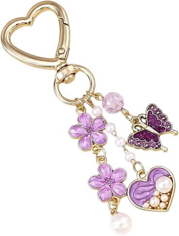 Purple Key Chain Butterfly Flower Keychain for Women, Elegant Rhinestone Keychain Flower Bag Charm Heart Pendant, llaveros para mujer Aesthetic Boho Keychains Accessories for Handbags Purses Car Keys in Saudi Arabia