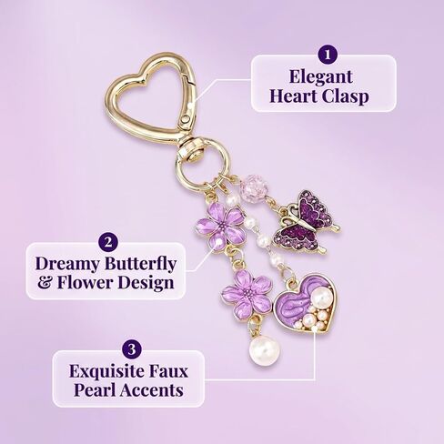 Purple Key Chain Butterfly Flower Keychain for Women, Elegant Rhinestone Keychain Flower Bag Charm Heart Pendant, llaveros para mujer Aesthetic Boho Keychains Accessories for Handbags Purses Car Keys in Saudi Arabia