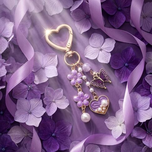 Purple Key Chain Butterfly Flower Keychain for Women, Elegant Rhinestone Keychain Flower Bag Charm Heart Pendant, llaveros para mujer Aesthetic Boho Keychains Accessories for Handbags Purses Car Keys in Saudi Arabia