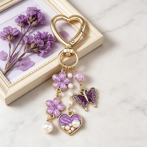 Purple Key Chain Butterfly Flower Keychain for Women, Elegant Rhinestone Keychain Flower Bag Charm Heart Pendant, llaveros para mujer Aesthetic Boho Keychains Accessories for Handbags Purses Car Keys in Saudi Arabia