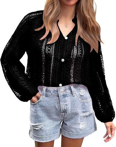 Spring Sexy Fashion Hollow Out Long Sleeve Shirts for Women Embroidered Eyelet Button Down Blouses Beach Outfits in Saudi Arabia