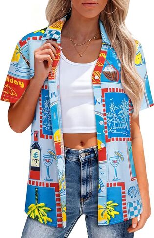 Womens Hawaiian Shirts Cotton Button Down Tshirts Floral Tropic Printed Blouses Tee Beach Hawaiian Short Sleeve Tops in Saudi Arabia