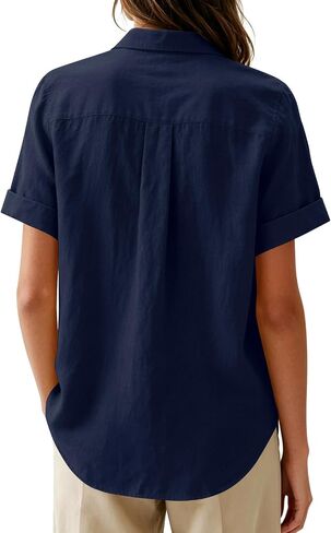 Womens Button Down Shirts Oxford Short Sleeve Cotton Dress Shirts Collared Button Up Casual Blouses Tops with Pocket - Navy Blue XL in Saudi Arabia