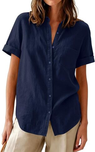 Womens Button Down Shirts Oxford Short Sleeve Cotton Dress Shirts Collared Button Up Casual Blouses Tops with Pocket - Navy Blue XL in Saudi Arabia