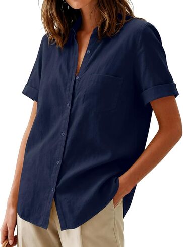 Womens Button Down Shirts Oxford Short Sleeve Cotton Dress Shirts Collared Button Up Casual Blouses Tops with Pocket - Navy Blue XL in Saudi Arabia