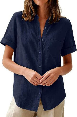 Womens Button Down Shirts Oxford Short Sleeve Cotton Dress Shirts Collared Button Up Casual Blouses Tops with Pocket - Navy Blue XL in Saudi Arabia